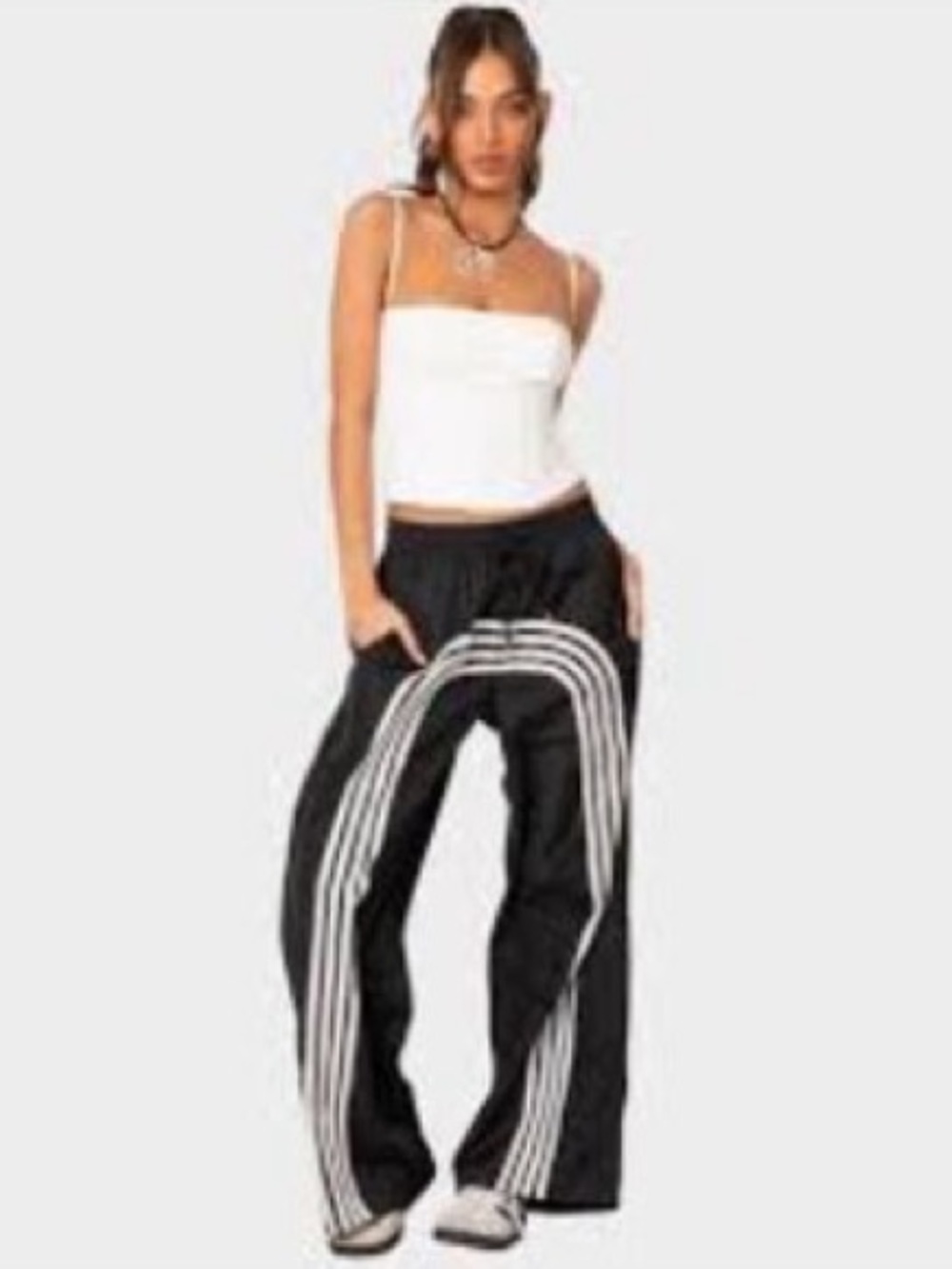 Edikted Wilda Black Wide-Leg Track Pants with White Stripes